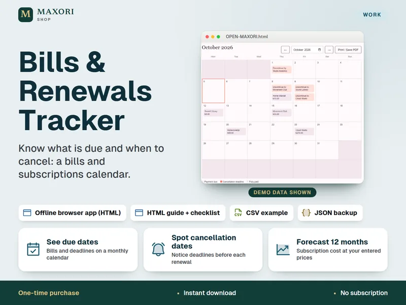 Bills & Renewals Tracker cover: an October calendar with due dates and cancellation deadlines