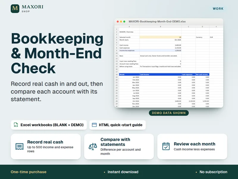 Bookkeeping & Month-End Check cover: an Overview sheet showing monthly cash income and expenses