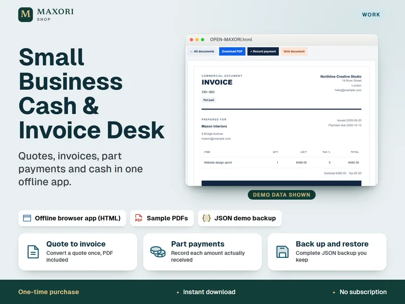 Small Business Cash & Invoice Desk cover: an invoice with part payment and remaining balance
