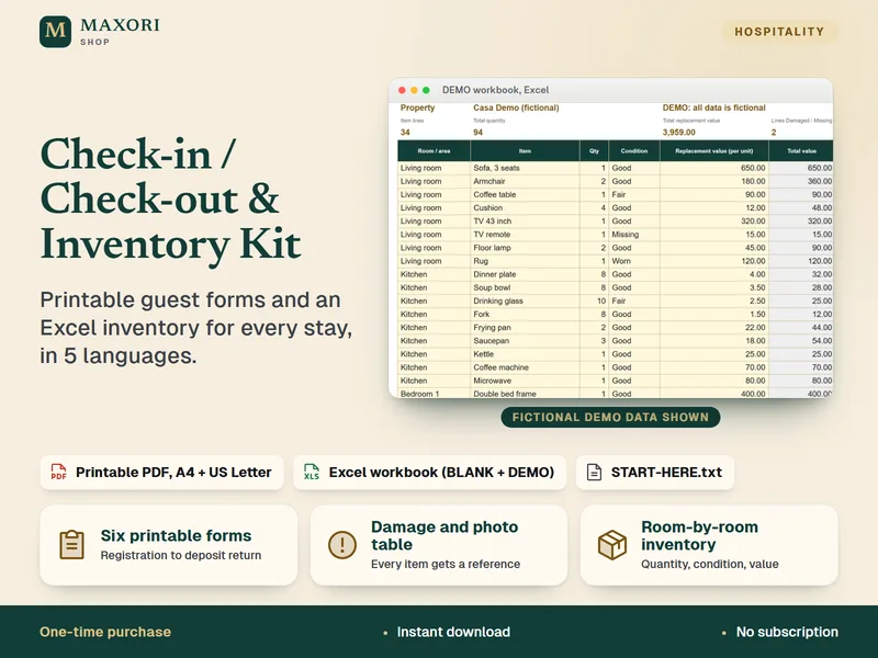 Check-in / Check-out & Property Inventory Kit – Druckformulare + Excel