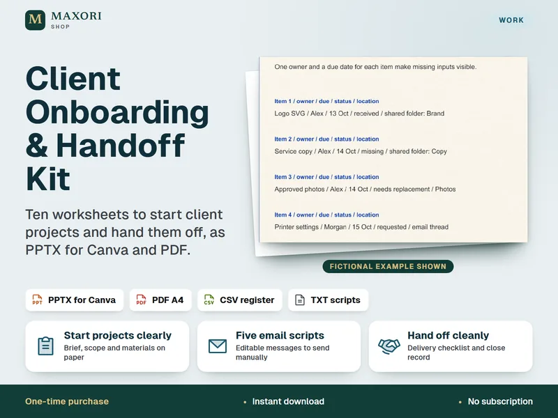 Client Onboarding & Handoff Kit – 10 Arbeitsblätter für Canva und PDF