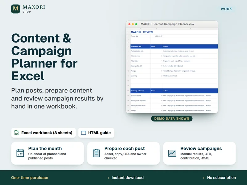 Content & Campaign Planner for Excel cover: the Review sheet counting publication tasks and campaign follow-ups