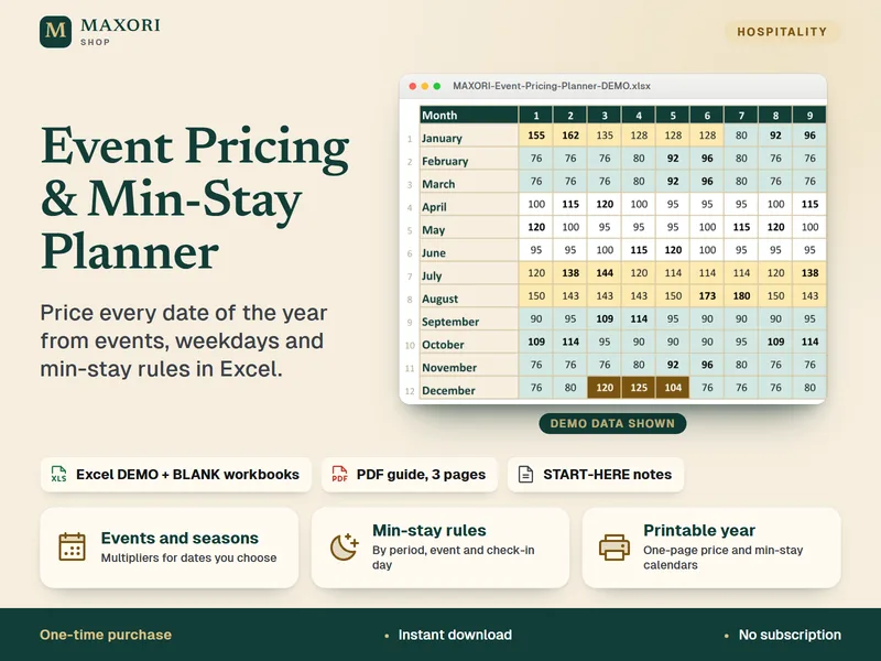 Dynamic Pricing Event Calendar & Min-Stay Planner – Libro de Excel
