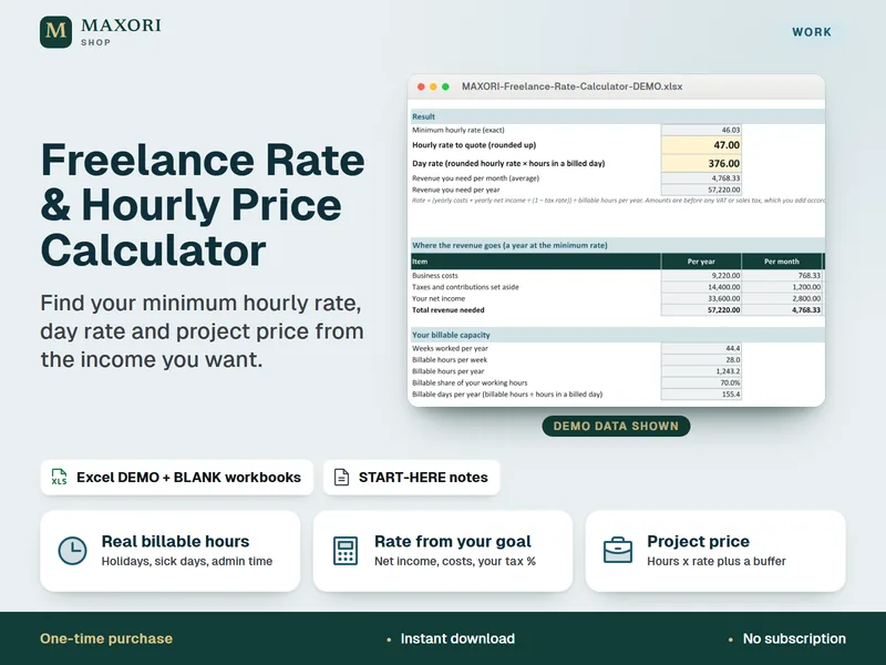 Freelance Rate & Hourly Price Calculator – Tarifa por Hora y Precio de Proyecto en Excel