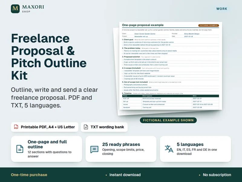 Freelance Proposal & Pitch Outline Kit - Outline, write and send a clear freelance proposal. PDF and TXT, 5 languages.