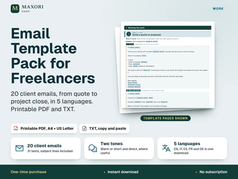 Email Template Pack for Freelancers – 20 email per i clienti in 5 lingue
