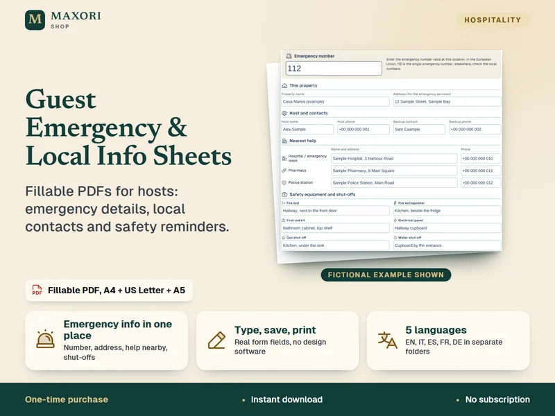 Notfall- und Lokalinformationen für Gäste – Ausfüllbares PDF-Kit