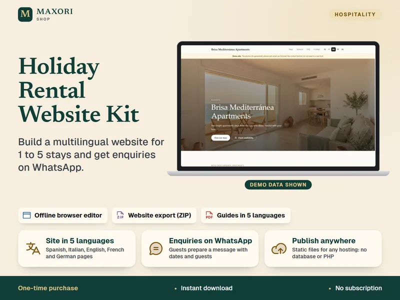 Kit Sitio Web para Alquileres Vacacionales – Crea una web multilingüe para 1–5 alojamientos y recibe consultas por WhatsApp.