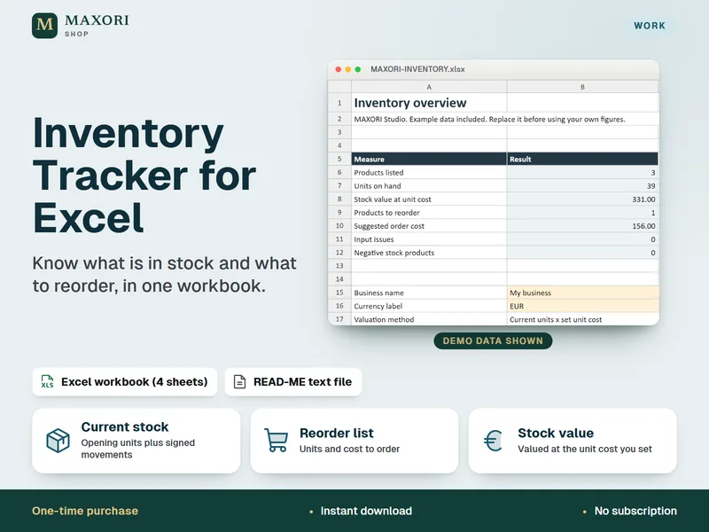Inventory Tracker for Excel cover: an Overview sheet with stock value and products to reorder