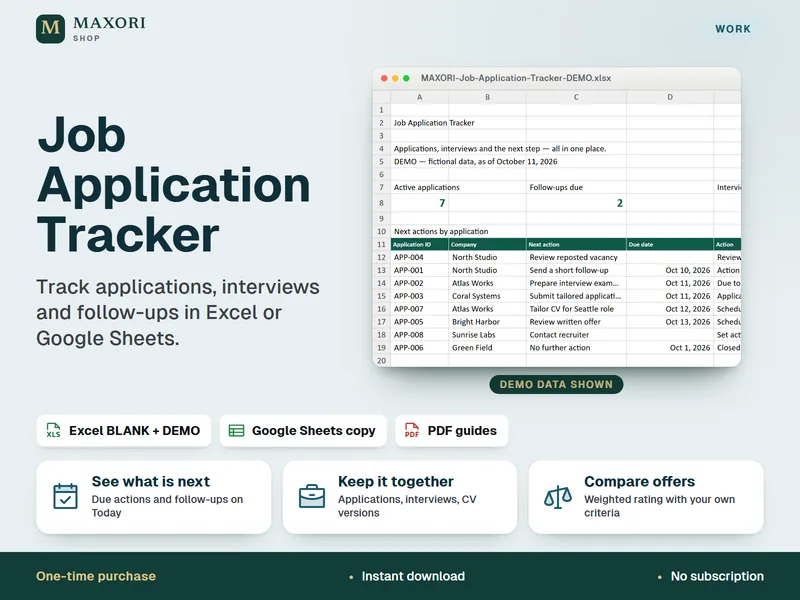 Job Application Tracker cover: the Today sheet with active applications, follow-ups and next actions
