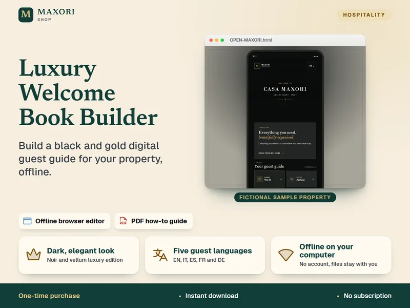 Luxury Welcome Book Builder – Gästeguide-Editor in Schwarz und Gold
