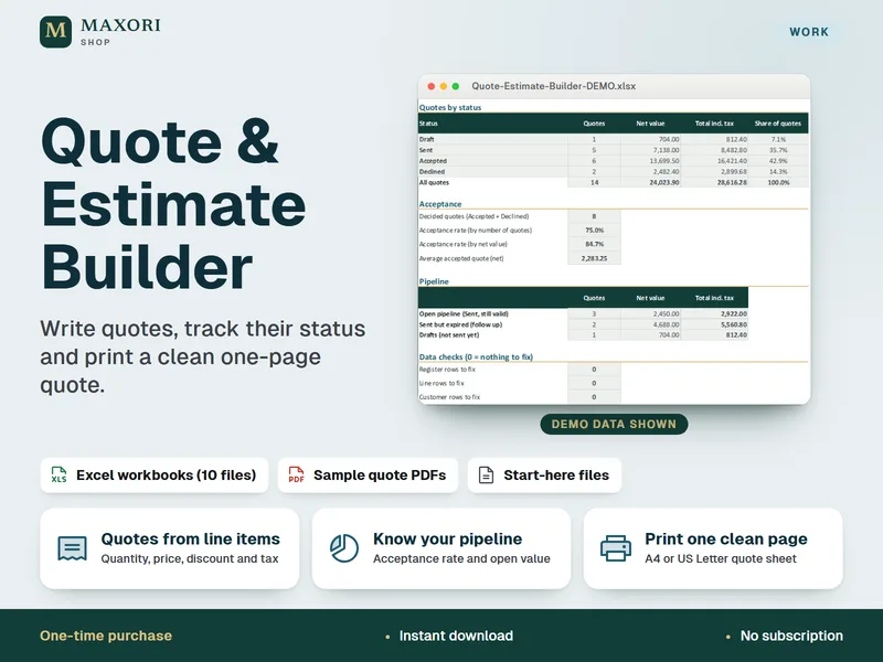 Quote & Estimate Builder – Plantilla Excel de Presupuestos con Hoja Imprimible