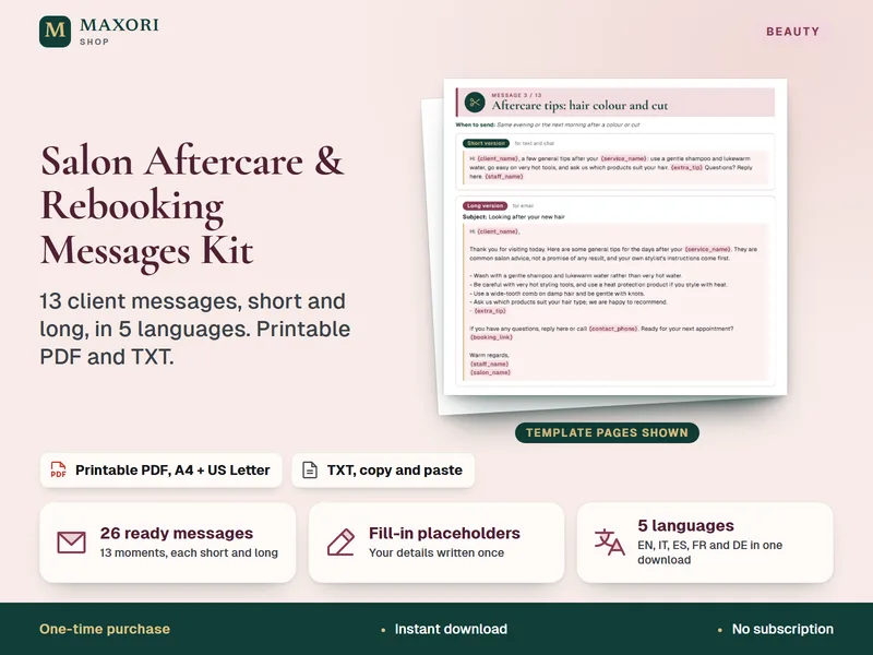 Salon Aftercare & Rebooking Messages Kit – 26 Kundennachrichten in 5 Sprachen