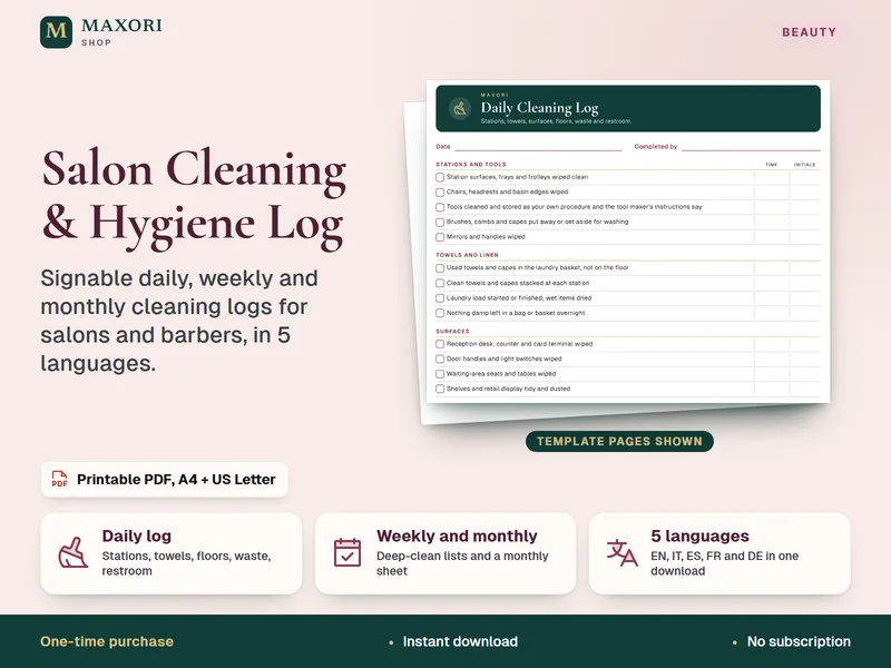 Registre de nettoyage et d'hygiène du salon – PDF imprimable en 5 langues