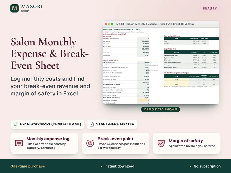 Salon Monthly Expense & Break-Even Sheet – Excel-Kostenübersicht und Gewinnschwelle für Salons