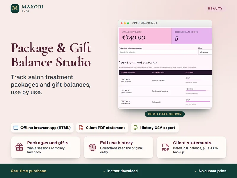 Package & Gift Balance Studio – Suivi des forfaits de soins et cartes cadeaux pour salons