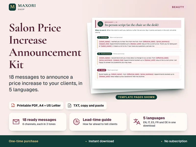 Salon Price Increase Announcement Kit – Messaggi in 5 lingue