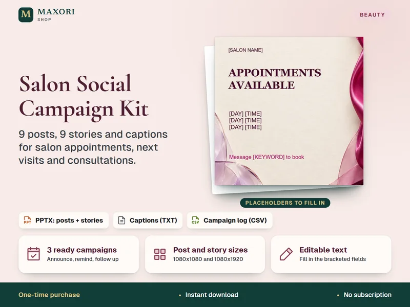 Salon Social Campaign Kit – 9 Posts und 9 Stories (PPTX für Canva)