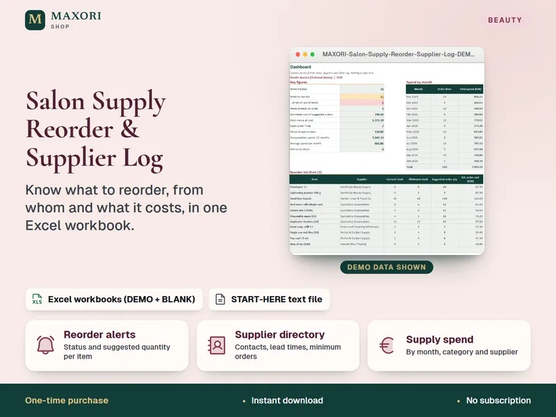 Salon Supply Reorder & Supplier Log – Excel für Nachbestellung und Lieferanten von Verbrauchsmaterial