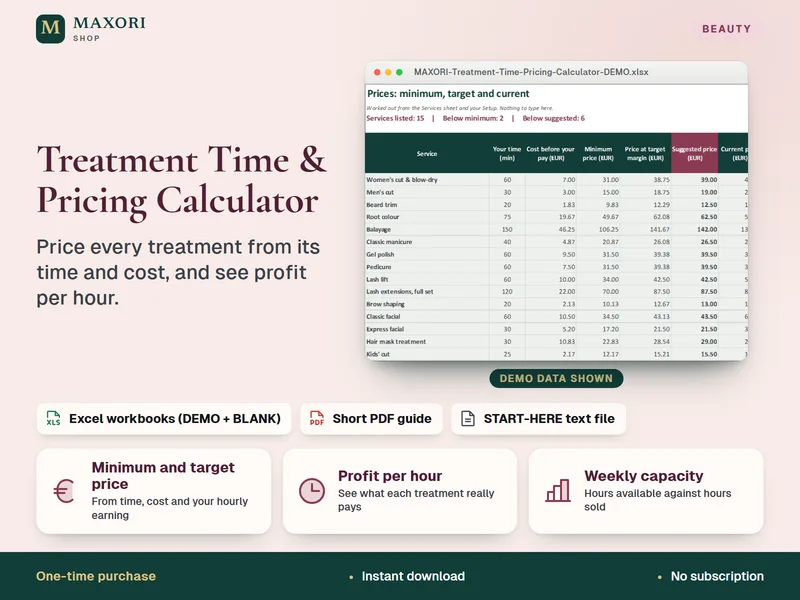 Treatment Time & Pricing Calculator – Excel zur Preiskalkulation von Behandlungen in Salons und Beauty-Studios