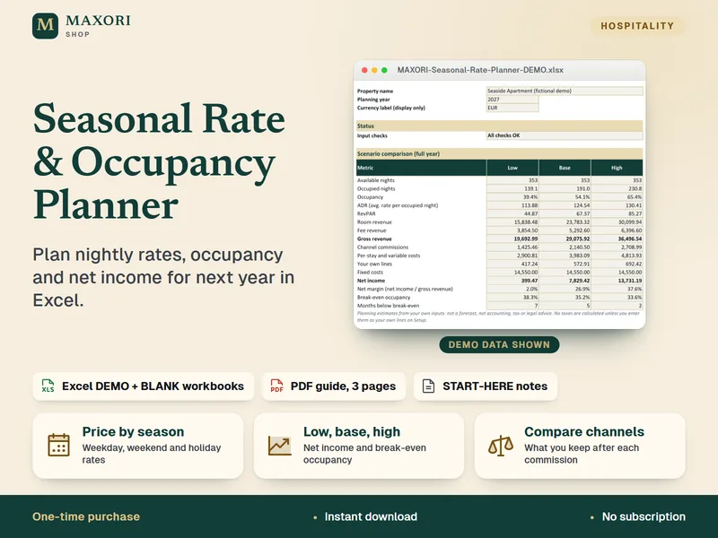 Seasonal Rate & Occupancy Planner – Excel-Mappe für Ihre Preise