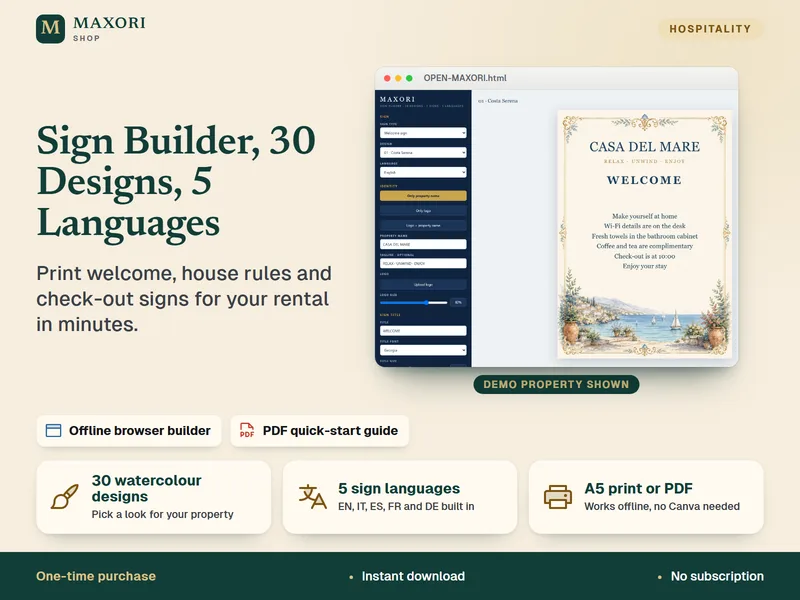 Sign Builder – Willkommens-, Hausregel- und Abreiseschilder in 5 Sprachen