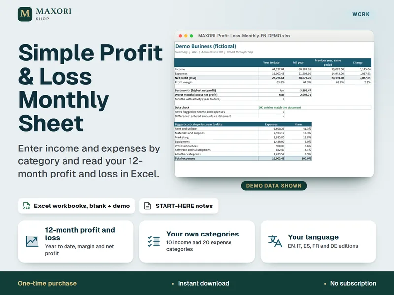 Foglio mensile semplice Utili e Perdite – Excel per entrate e uscite (5 lingue)