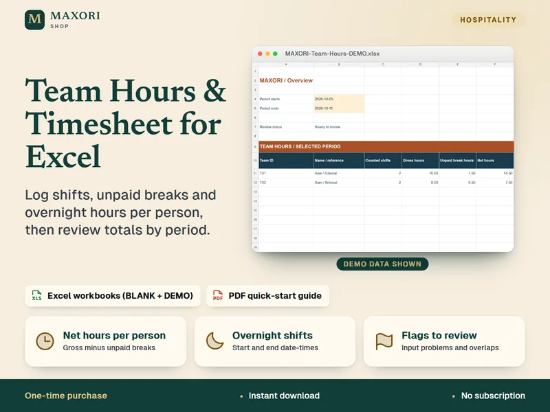 Team Hours & Timesheet für Excel – Schichtprotokoll mit unbezahlten Pausen und Nachtschichten