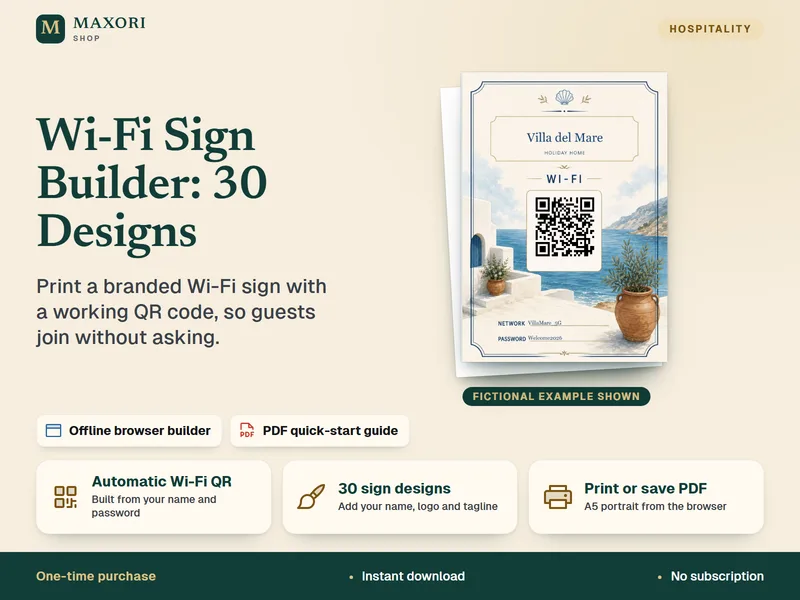 Wi-Fi Sign Builder – 30 druckbare WLAN-Schilder mit QR-Code